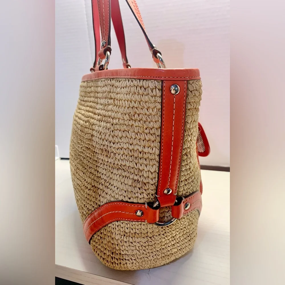Coach Legacy Resort Summer Collection Raffia/Coral Leather Tote & Clutch
